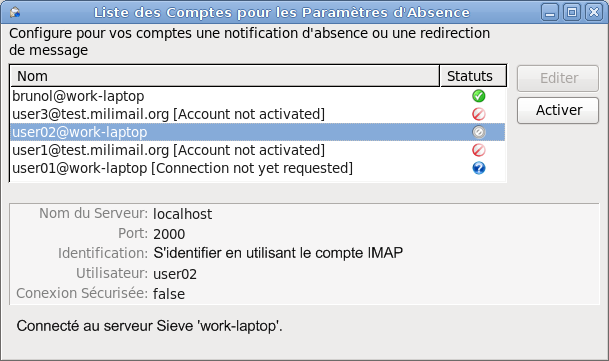 Activation des paramètres d'absence pour un utilisateur.
